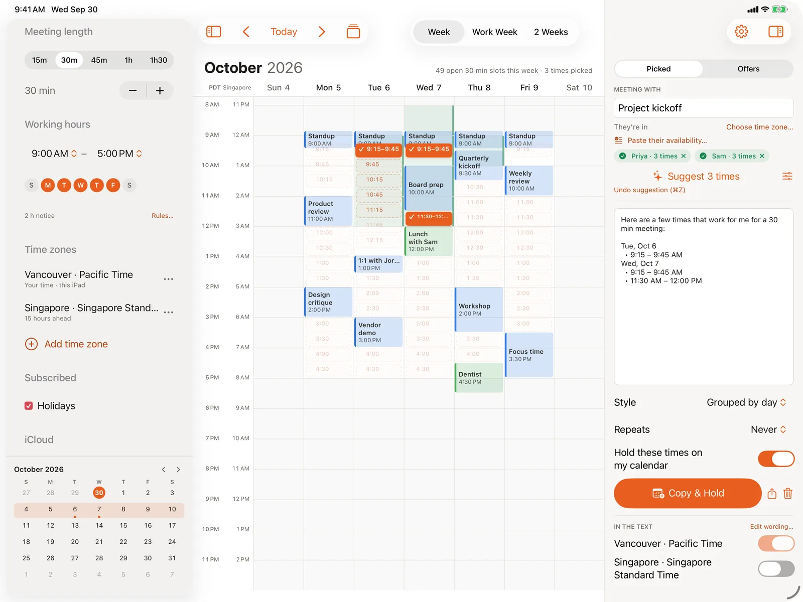 CalScout on iPad: two people's pasted availability narrowing the week to shared free times