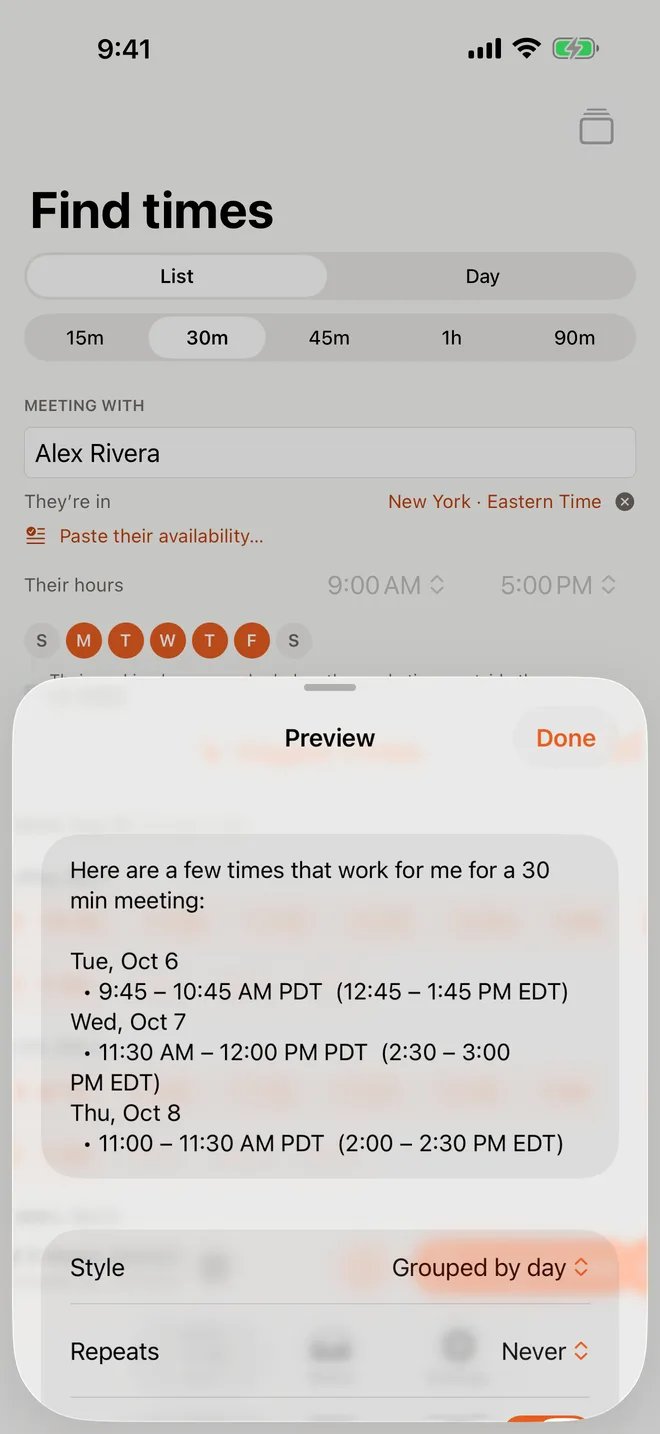 CalScout on iPhone: the message preview with Pacific and Eastern times side by side