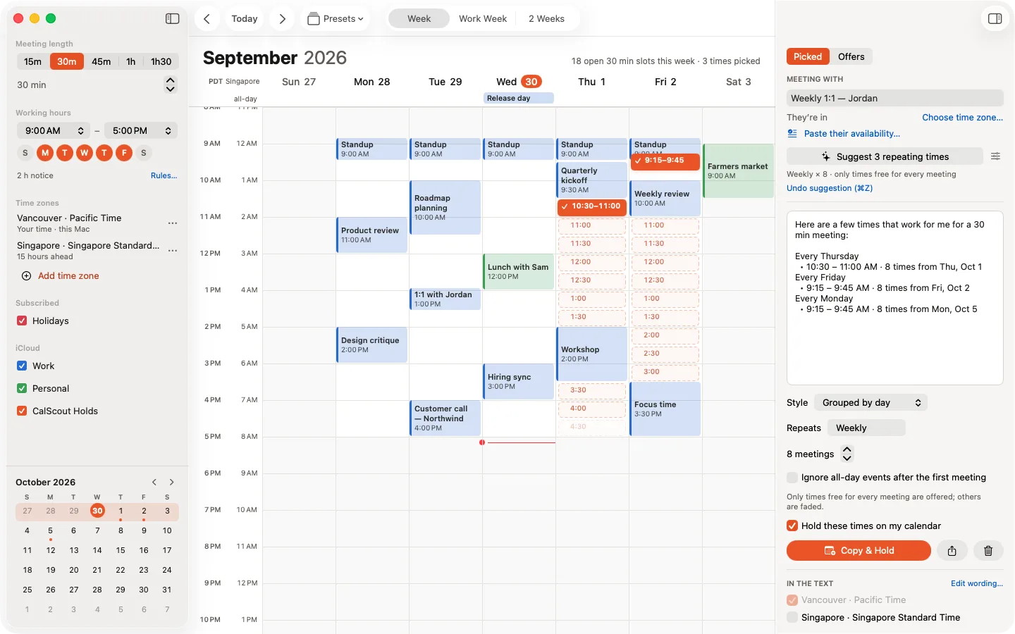 CalScout on Mac: three weekly times suggested, each free for eight weeks