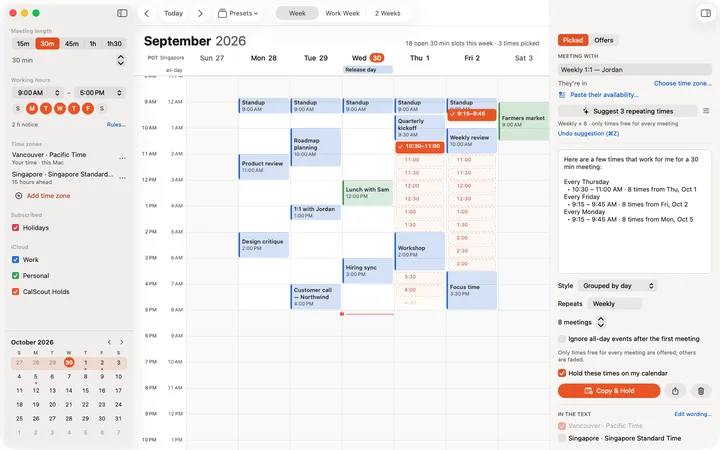 CalScout on Mac, repeating meeting suggestions